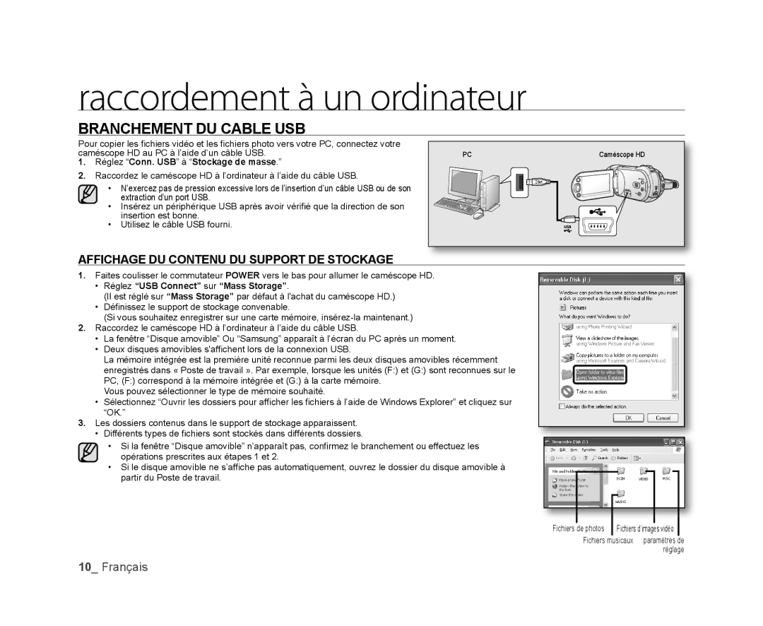 Samsung VP-HMX20C/EDC manual Raccordement à un ordinateur, Branchement DU Cable USB 