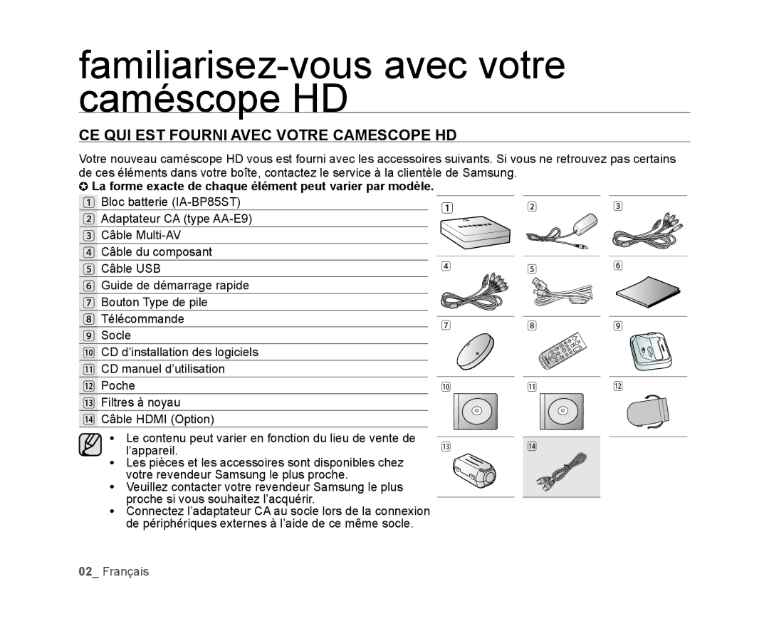 Samsung VP-HMX20C/EDC manual Familiarisez-vous avec votre caméscope HD, CE QUI EST Fourni Avec Votre Camescope HD 