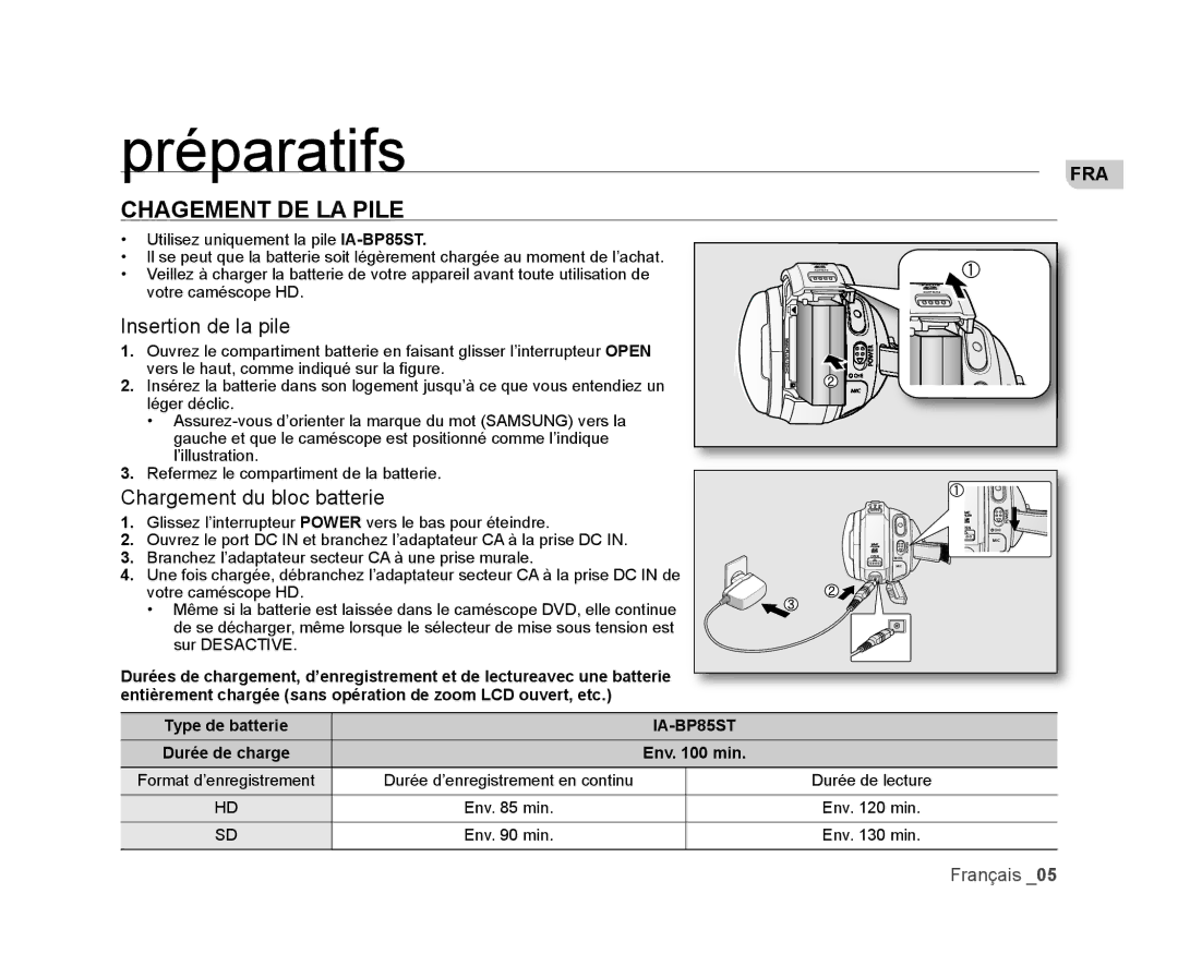 Samsung VP-HMX20C/EDC PréparatifsFRA, Chagement DE LA Pile, Entièrement chargée sans opération de zoom LCD ouvert, etc 