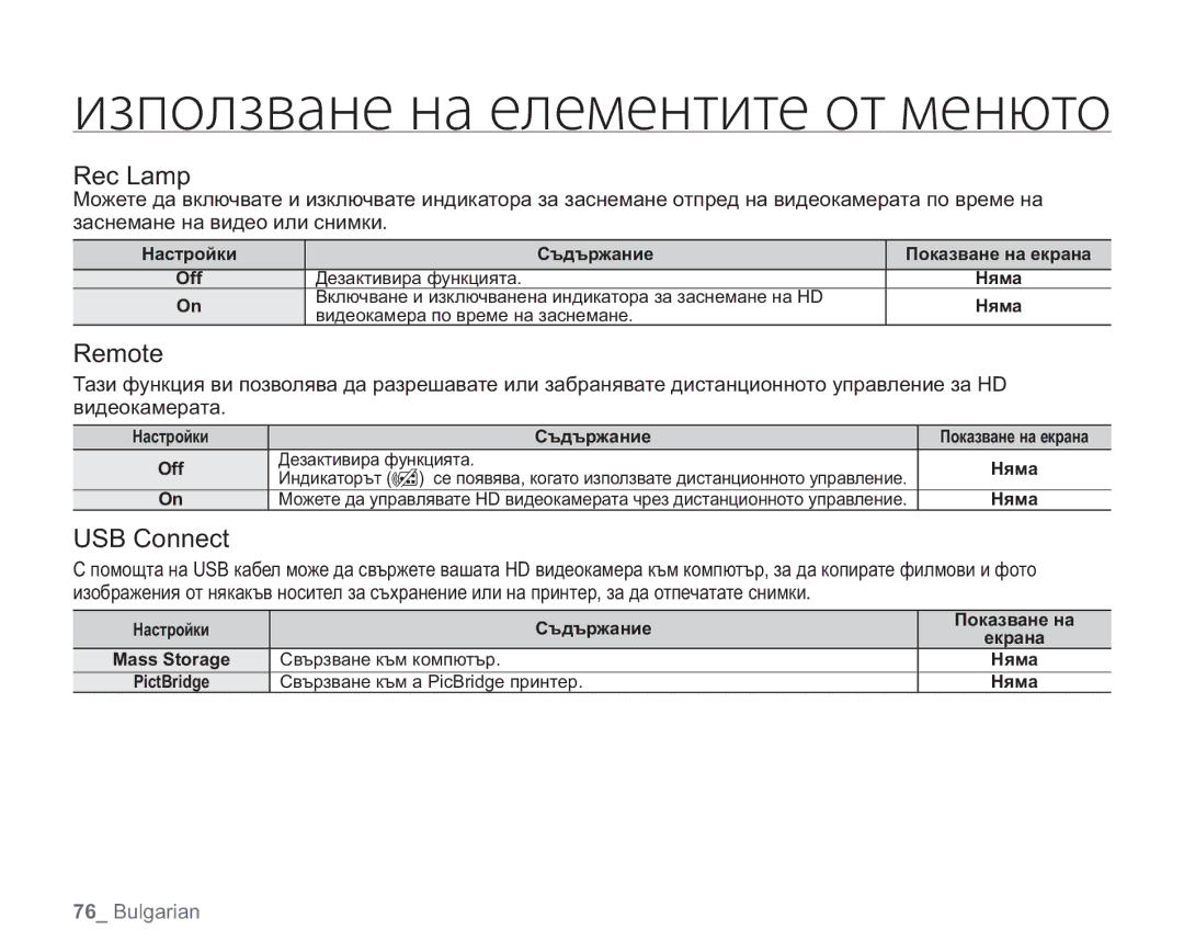 Samsung VP-HMX20C/EDC manual Rec Lamp, Remote, USB Connect, Off Дезактивира функцията Няма 