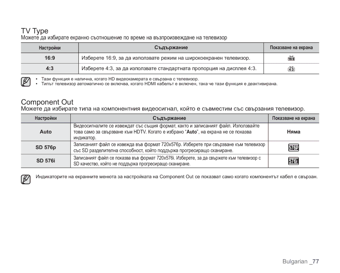 Samsung VP-HMX20C/EDC manual TV Type, Component Out, SD 576p 