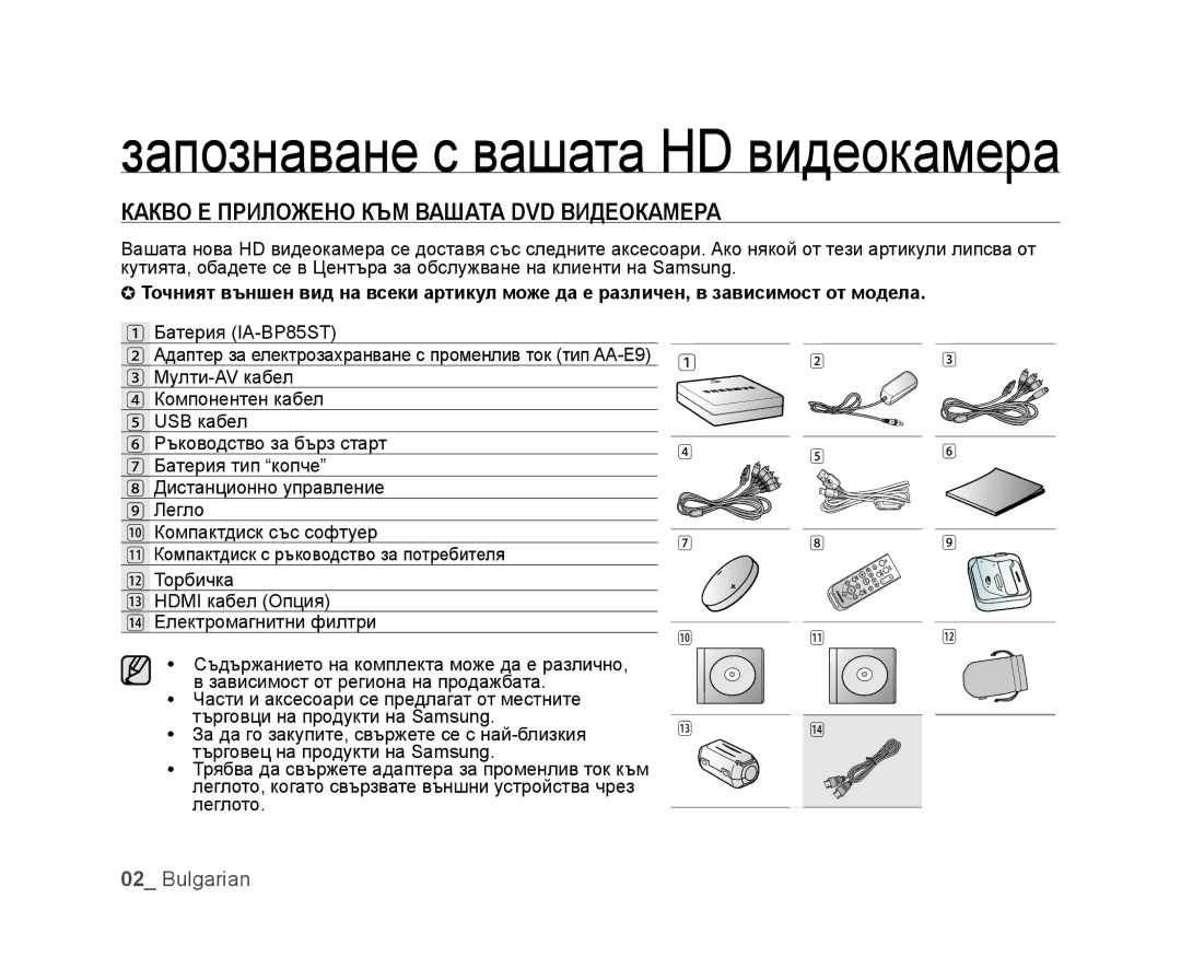 Samsung VP-HMX20C/EDC manual Запознаване с вашата HD видеокамера, Какво Е Приложено КЪМ Вашата DVD Видеокамера 