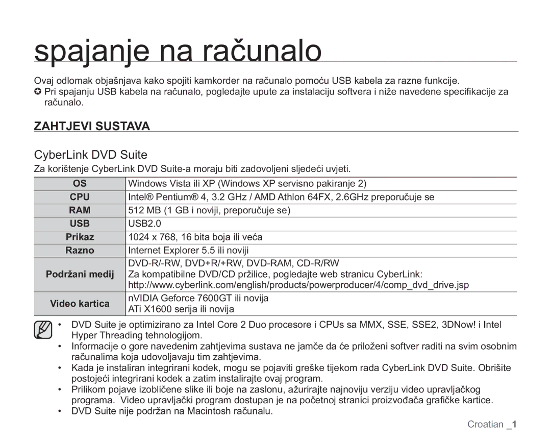 Samsung VP-HMX20C/EDC manual Spajanje na računalo, Zahtjevi Sustava, CyberLink DVD Suite 