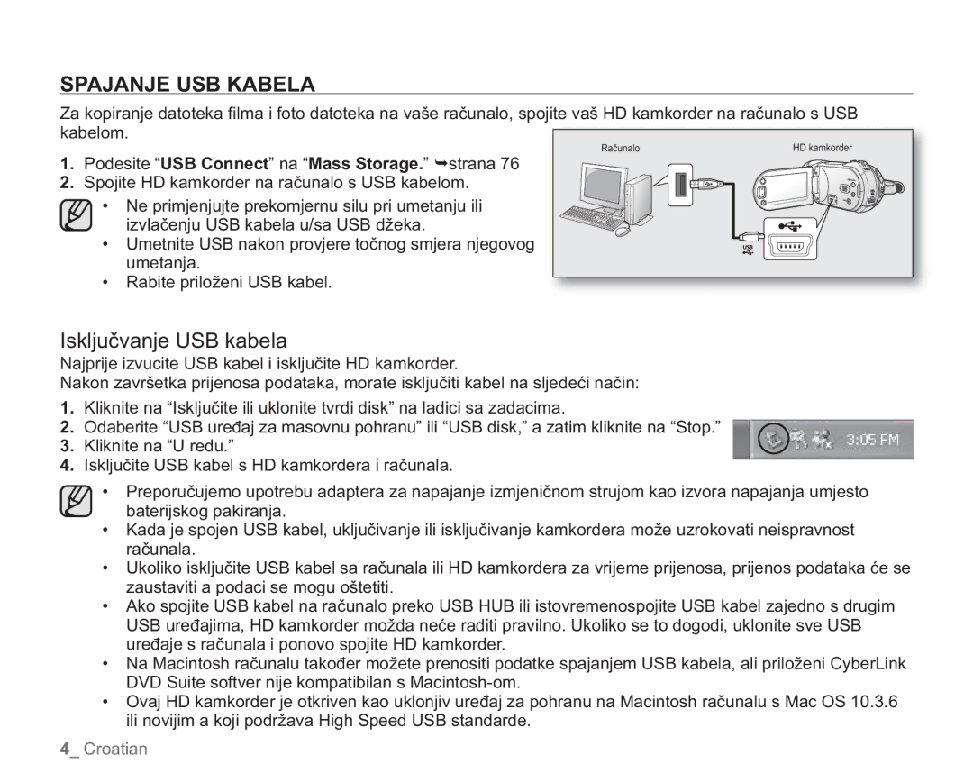 Samsung VP-HMX20C/EDC manual Spajanje USB Kabela, Isključvanje USB kabela, Podesite USB Connect na Mass Storage. strana 