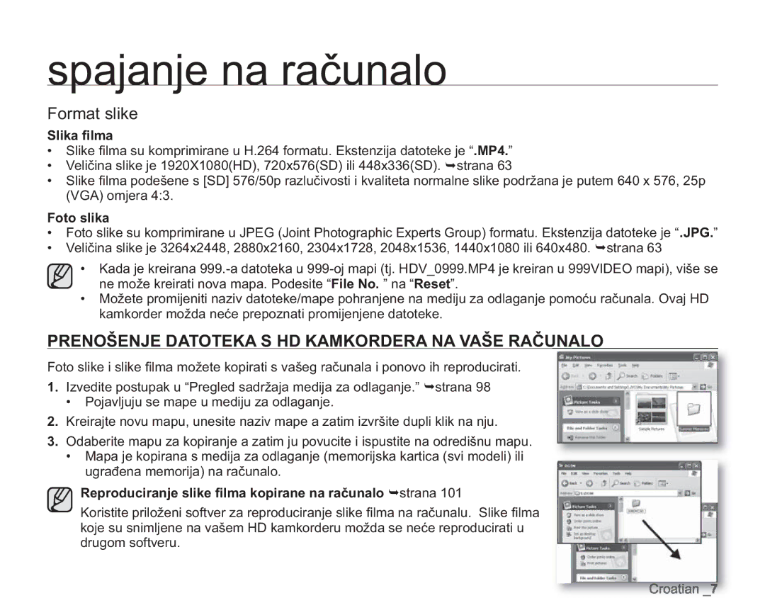 Samsung VP-HMX20C/EDC manual Format slike, Prenošenje Datoteka S HD Kamkordera NA Vaše Računalo, Slika ﬁlma, Foto slika 