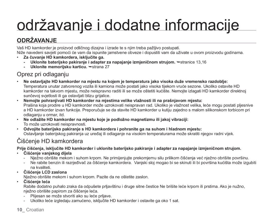 Samsung VP-HMX20C/EDC manual Održavanje i dodatne informacije, Oprez pri odlaganju, Čišćenje HD kamkordera 