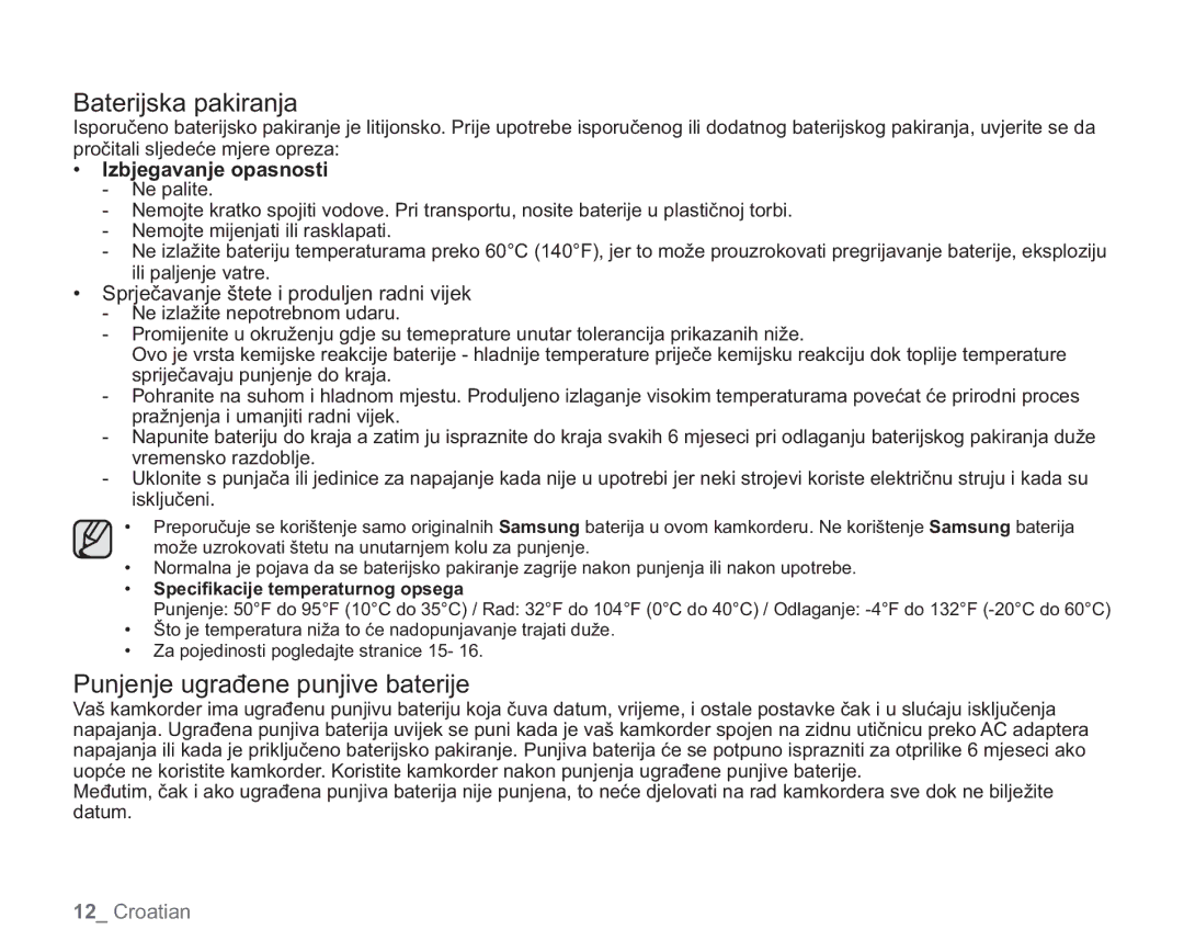 Samsung VP-HMX20C/EDC manual Baterijska pakiranja, Punjenje ugrađene punjive baterije, Izbjegavanje opasnosti 