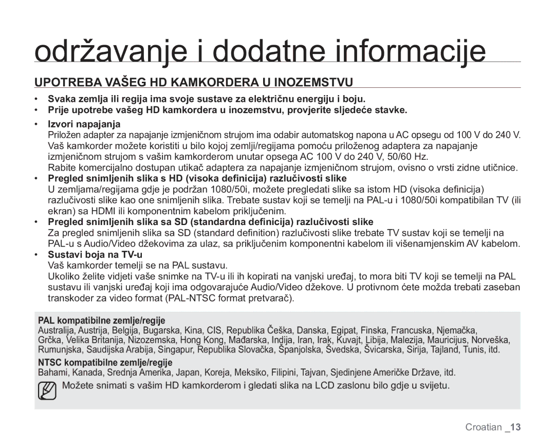 Samsung VP-HMX20C/EDC Upotreba Vašeg HD Kamkordera U Inozemstvu, Sustavi boja na TV-u, PAL kompatibilne zemlje/regije 