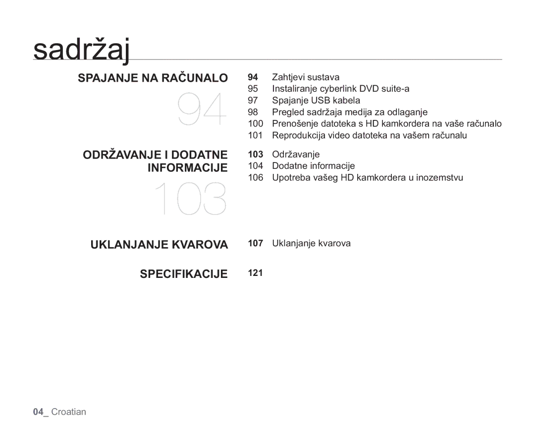 Samsung VP-HMX20C/EDC manual Spajanje NA Računalo Održavanje I Dodatne Informacije, Uklanjanje Kvarova Specifikacije, 121 