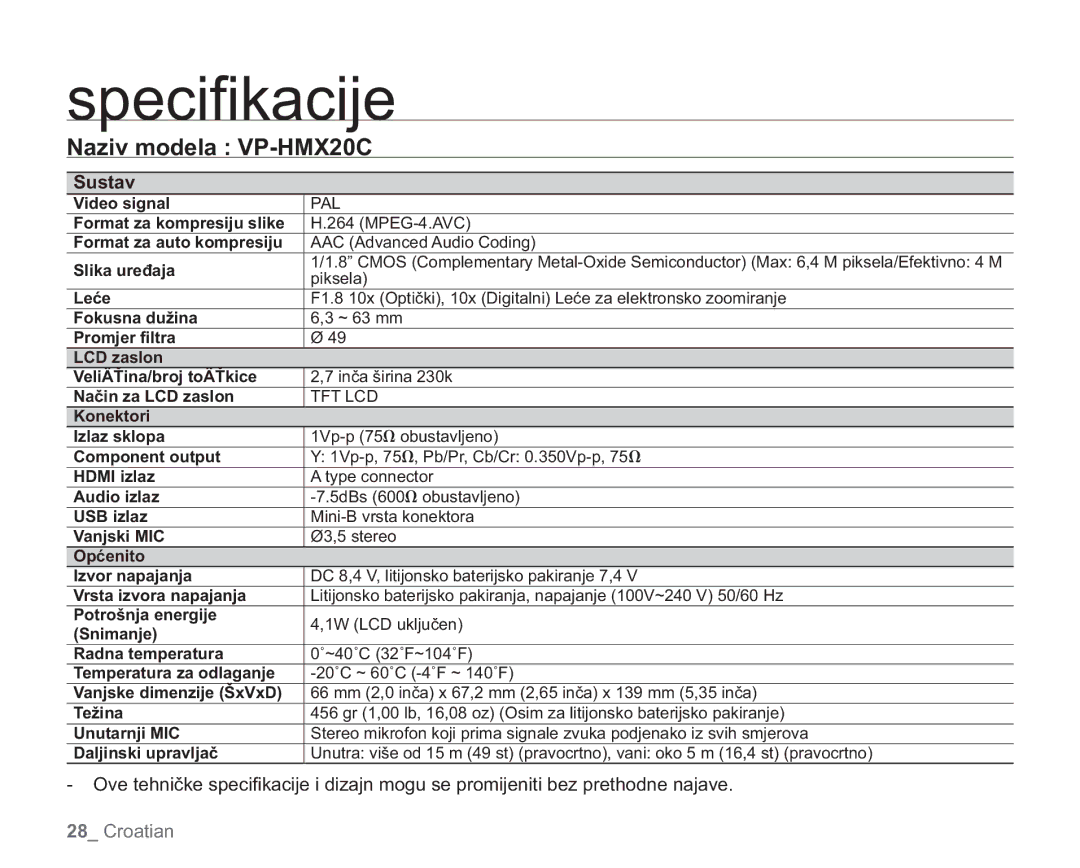 Samsung VP-HMX20C/EDC manual Speciﬁkacije, Sustav 