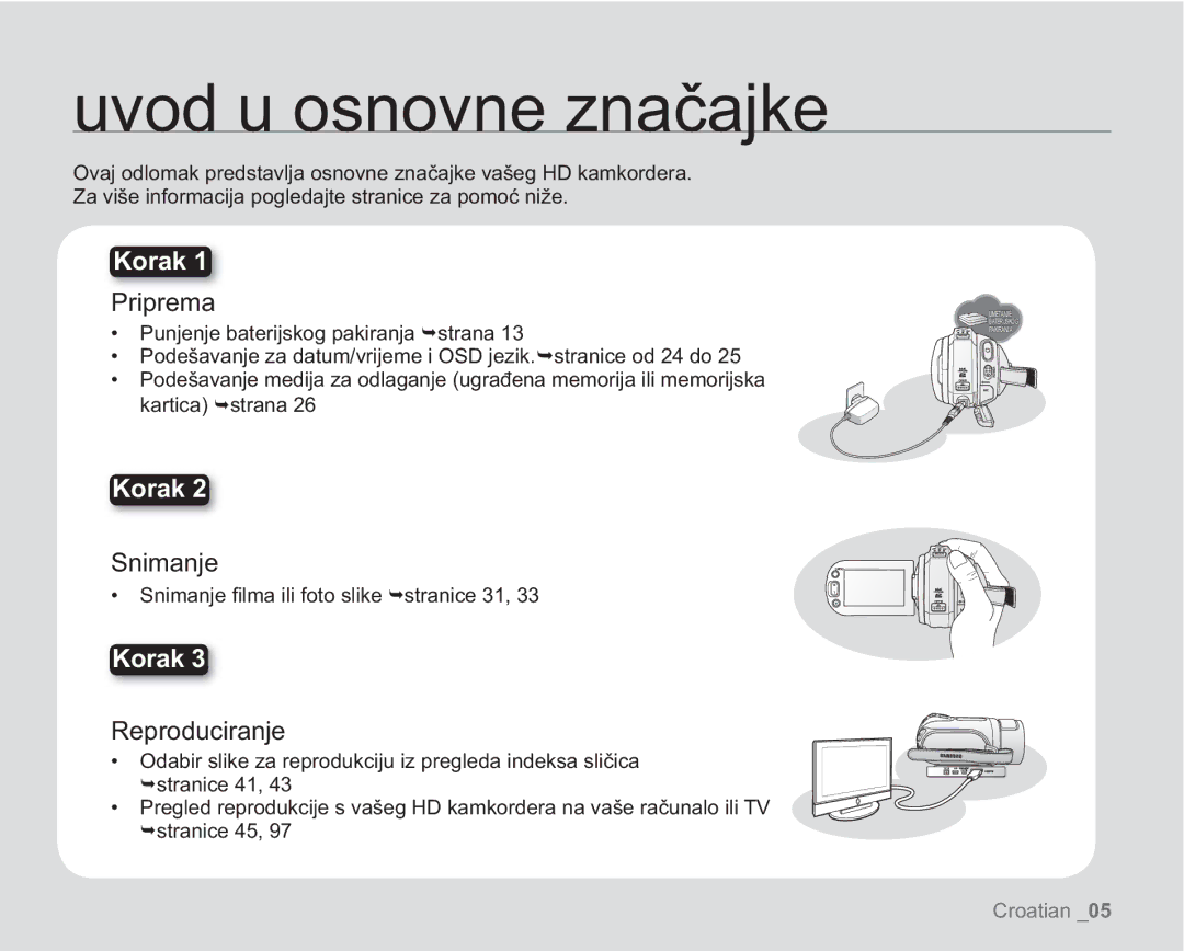 Samsung VP-HMX20C/EDC manual Uvod u osnovne značajke, Priprema, Snimanje, Reproduciranje 