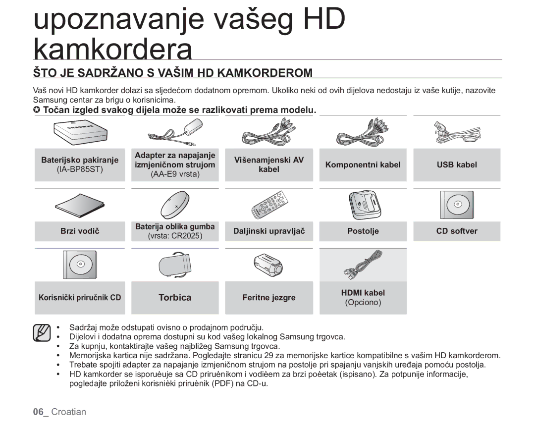 Samsung VP-HMX20C/EDC manual Upoznavanje vašeg HD kamkordera, ŠTO JE Sadržano S Vašim HD Kamkorderom, Torbica 