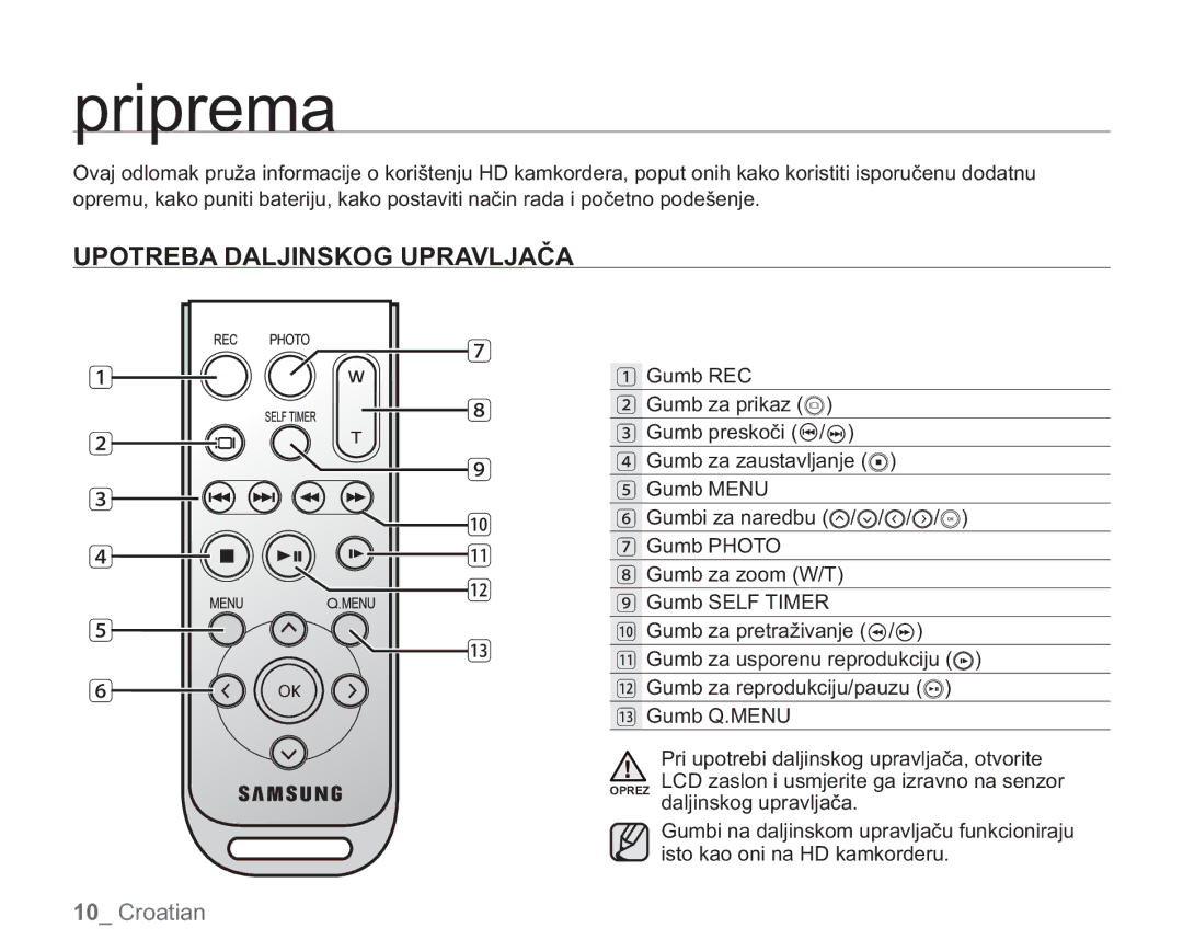 Samsung VP-HMX20C/EDC manual Priprema, Upotreba Daljinskog Upravljača 