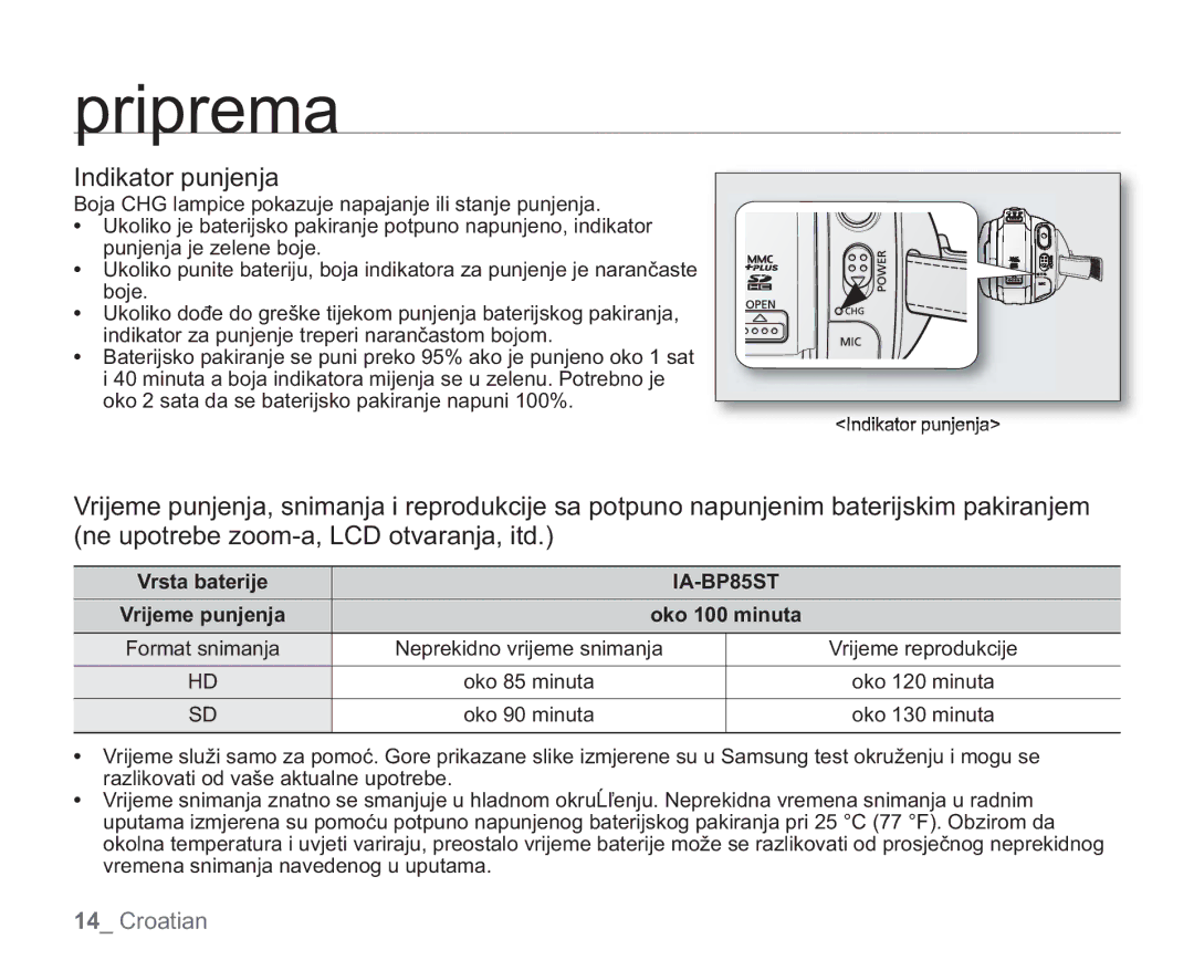 Samsung VP-HMX20C/EDC manual Indikator punjenja, Vrsta baterije, Vrijeme punjenja 