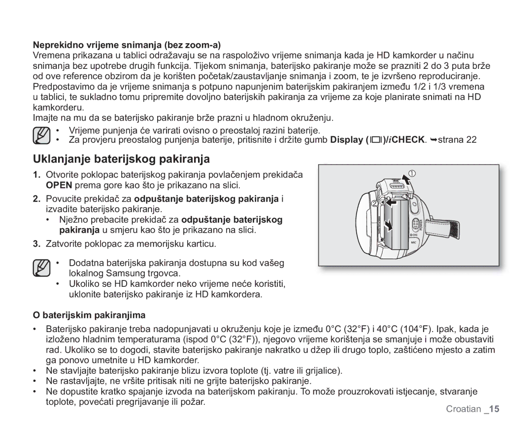 Samsung VP-HMX20C/EDC manual Neprekidno vrijeme snimanja bez zoom-a, Baterijskim pakiranjima 