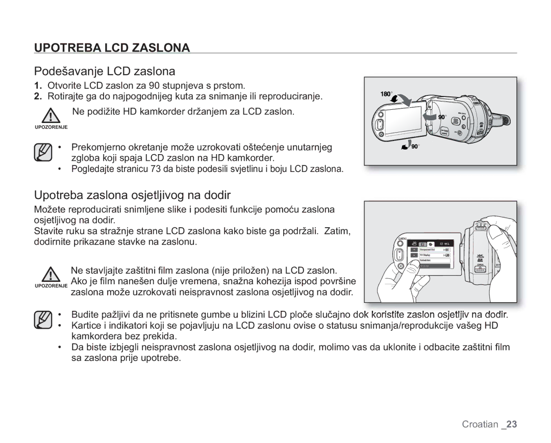 Samsung VP-HMX20C/EDC manual Upotreba LCD Zaslona, Podešavanje LCD zaslona, Upotreba zaslona osjetljivog na dodir 