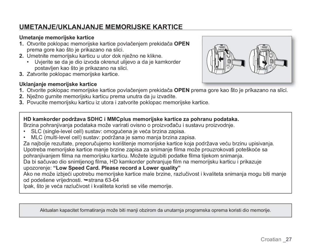 Samsung VP-HMX20C/EDC UMETANJE/UKLANJANJE Memorijske Kartice, Umetanje memorijske kartice, Uklanjanje memorijske kartice 