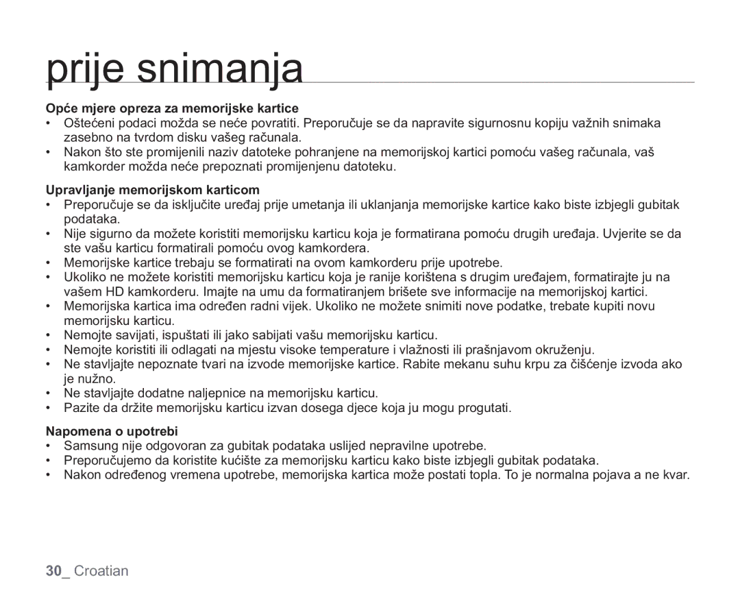 Samsung VP-HMX20C/EDC manual Opće mjere opreza za memorijske kartice, Upravljanje memorijskom karticom, Napomena o upotrebi 