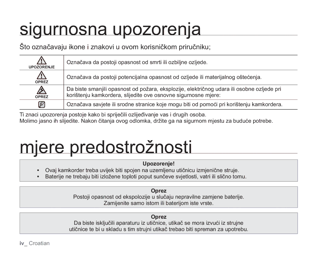 Samsung VP-HMX20C/EDC manual Sigurnosna upozorenja, Mjere predostrožnosti, Upozorenje, Oprez 