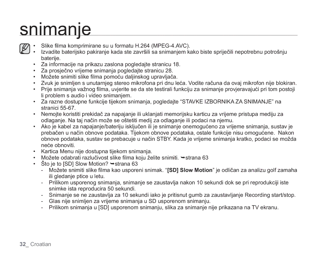 Samsung VP-HMX20C/EDC manual Snimanje 