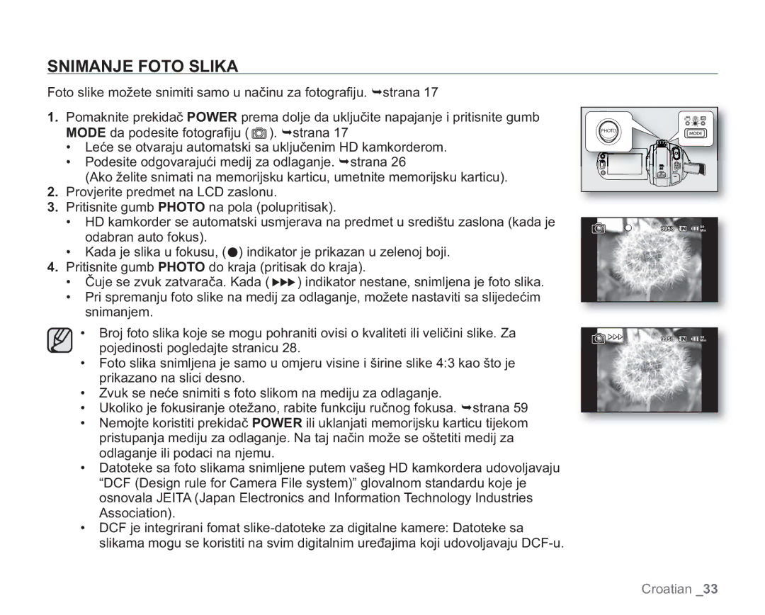 Samsung VP-HMX20C/EDC manual Snimanje Foto Slika 