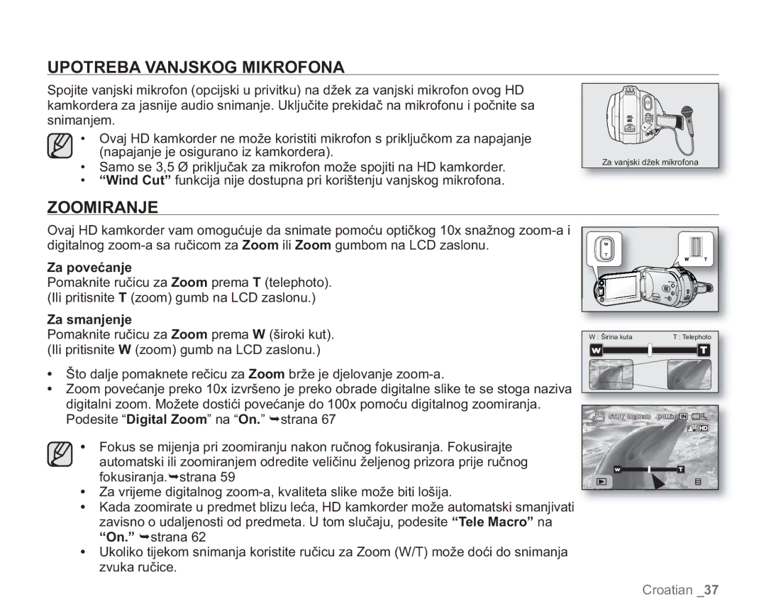 Samsung VP-HMX20C/EDC manual Upotreba Vanjskog Mikrofona, Zoomiranje, Za povećanje, Za smanjenje 