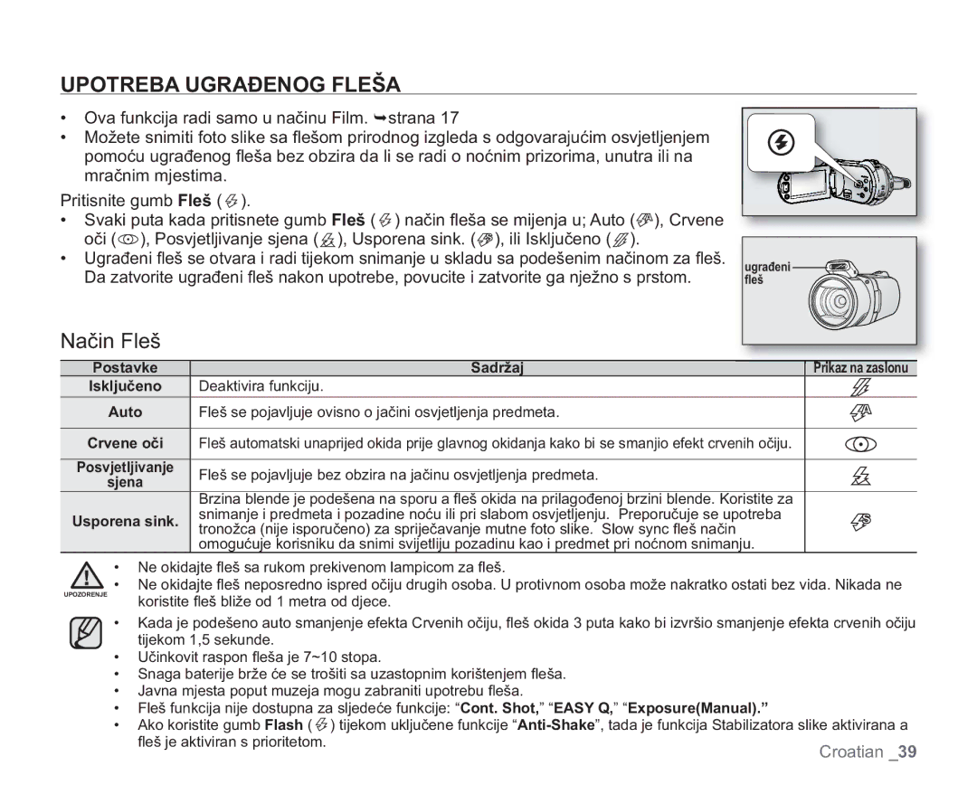 Samsung VP-HMX20C/EDC manual Upotreba Ugrađenog Fleša, Način Fleš, Postavke Sadržaj, Auto 