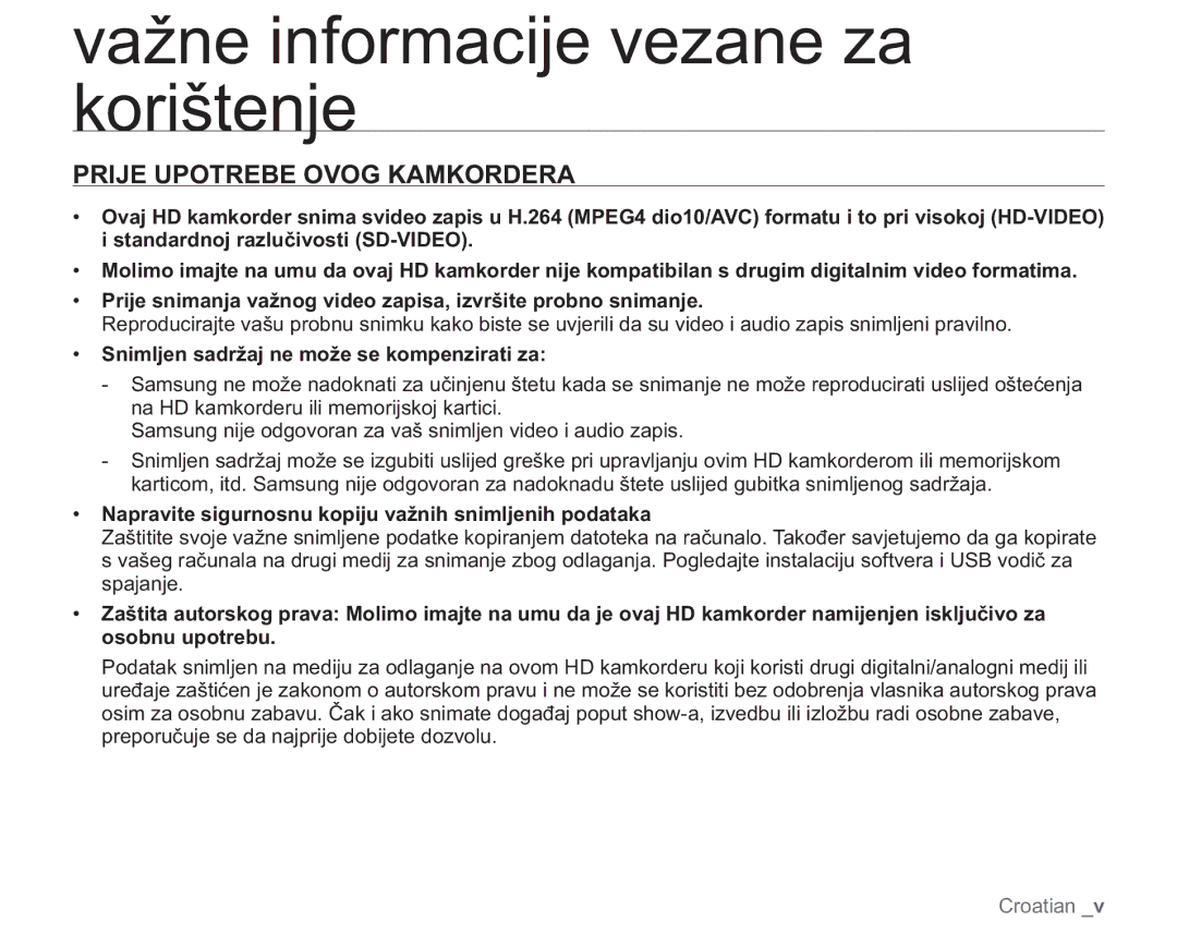 Samsung VP-HMX20C/EDC manual Važne informacije vezane za korištenje, Prije Upotrebe Ovog Kamkordera 