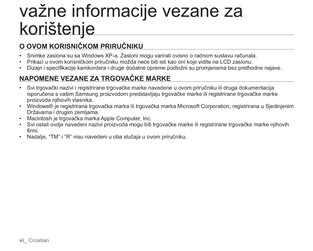 Samsung VP-HMX20C/EDC manual Ovom Korisničkom Priručniku, Napomene Vezane ZA Trgovačke Marke 