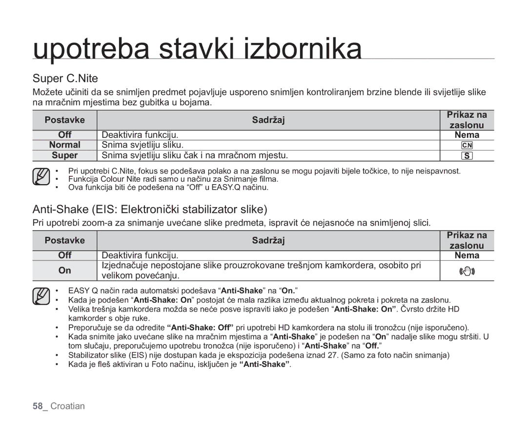 Samsung VP-HMX20C/EDC manual Super C.Nite, Anti-Shake EIS Elektronički stabilizator slike 