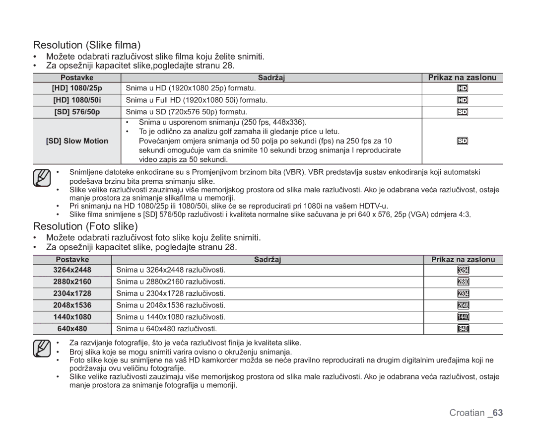 Samsung VP-HMX20C/EDC manual Resolution Slike ﬁlma, Postavke Sadržaj Prikaz na zaslonu 