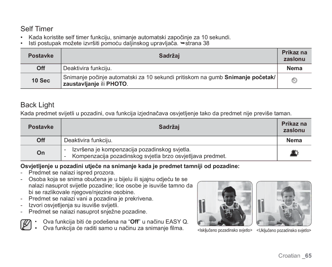 Samsung VP-HMX20C/EDC manual Self Timer, Back Light, Zaustavljanje ili Photo 