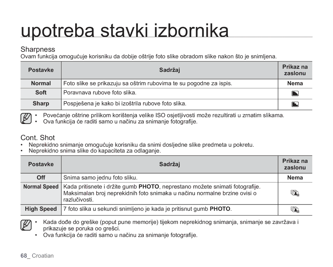 Samsung VP-HMX20C/EDC manual Sharpness, Cont. Shot, Poravnava rubove foto slika, Normal Speed 