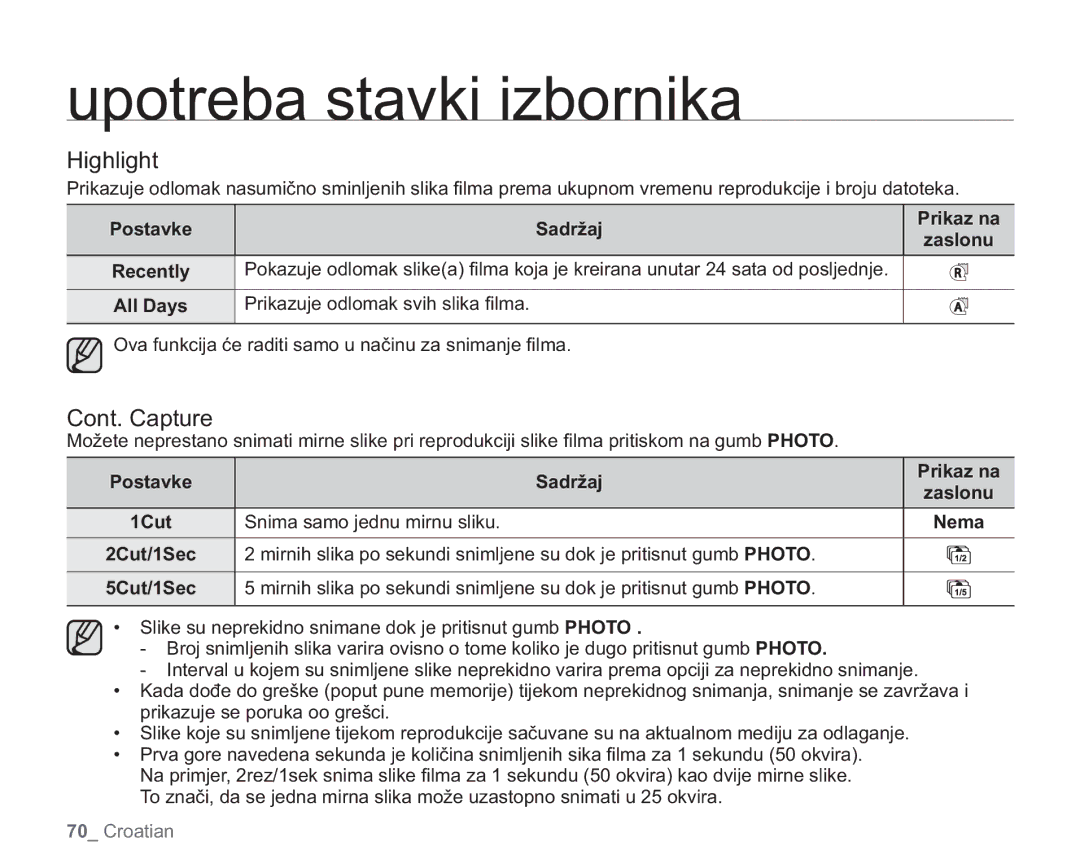 Samsung VP-HMX20C/EDC manual Highlight, Cont. Capture, Snima samo jednu mirnu sliku 