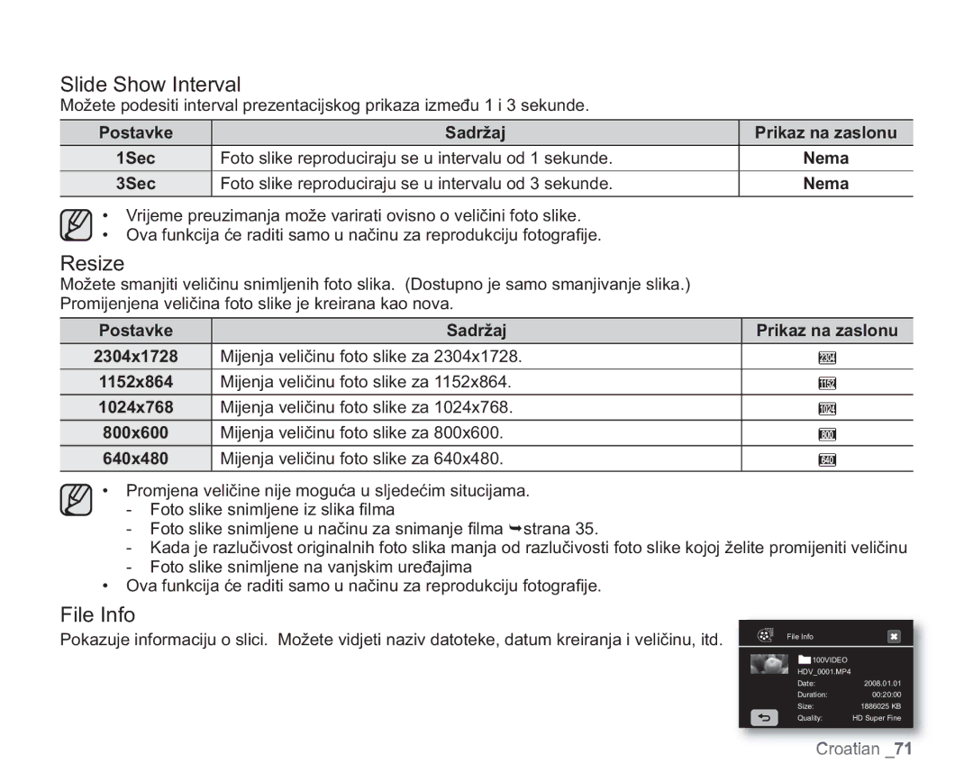 Samsung VP-HMX20C/EDC manual Slide Show Interval, Resize, File Info 