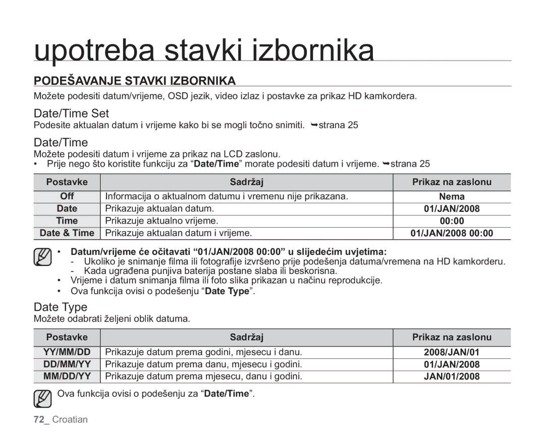 Samsung VP-HMX20C/EDC manual Podešavanje Stavki Izbornika, Date/Time Set, Date Type 