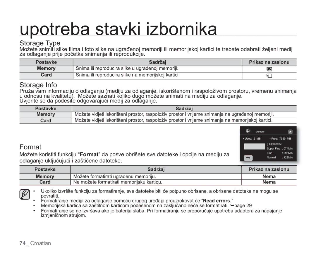 Samsung VP-HMX20C/EDC manual Storage Type, Storage Info, Format, Snima ili reproducira slike na memorijskoj kartici 