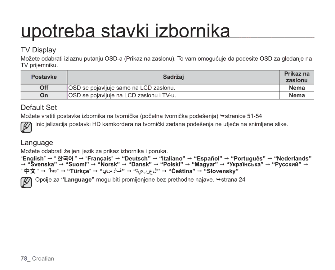 Samsung VP-HMX20C/EDC manual TV Display, Default Set, Language, ไทย Türkçe Čeština Slovensky 