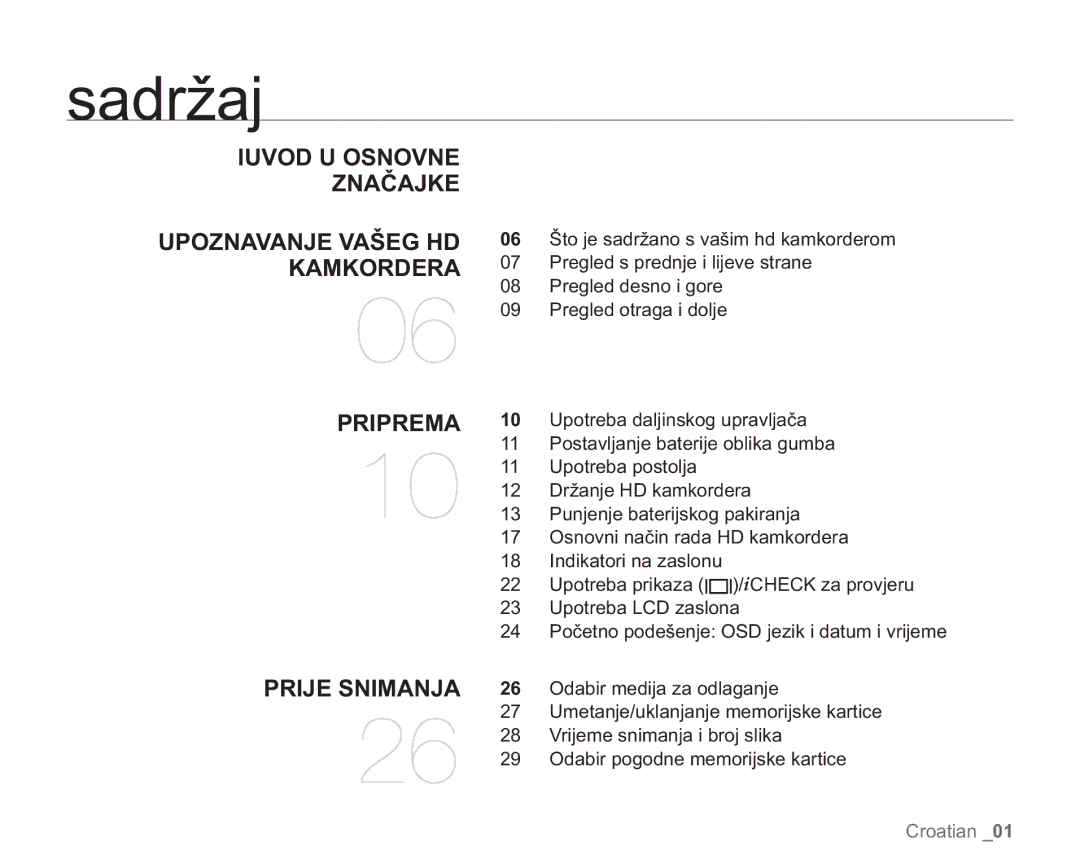 Samsung VP-HMX20C/EDC manual Sadržaj, Prije Snimanja 