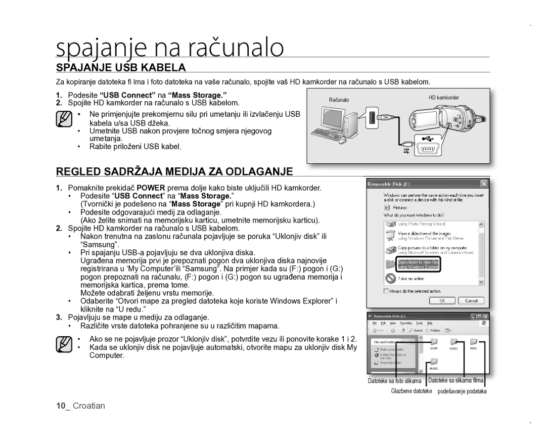 Samsung VP-HMX20C/EDC manual Spajanje USB Kabela, Regled Sadržaja Medija ZA Odlaganje, Podesite USB Connect na Mass Storage 