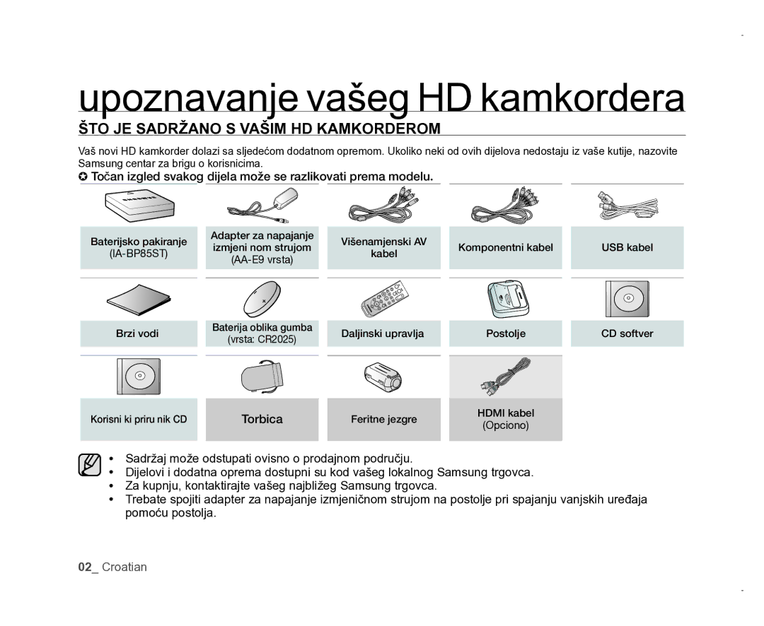 Samsung VP-HMX20C/EDC manual Upoznavanje vašeg HD kamkordera, ŠTO JE Sadržano S Vašim HD Kamkorderom 