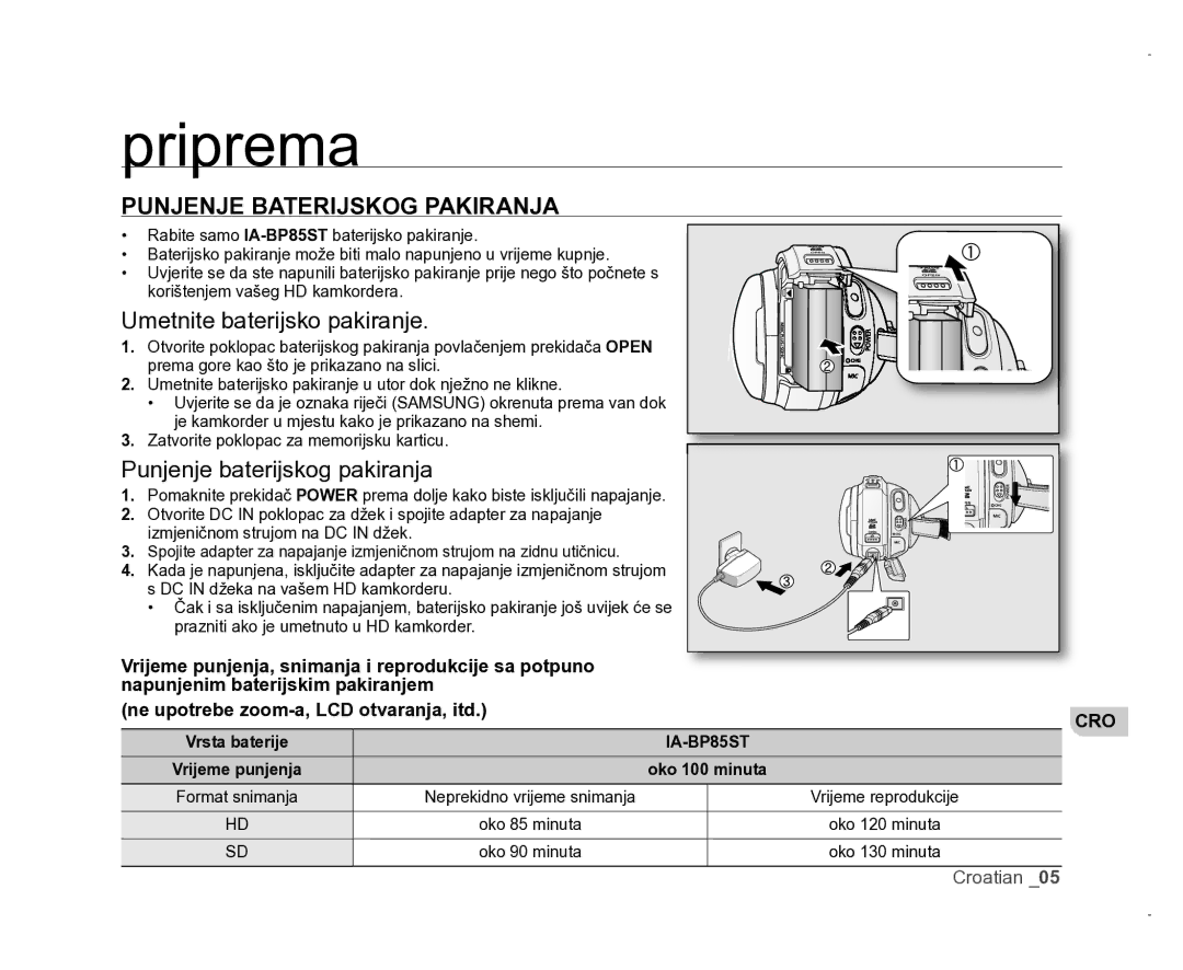 Samsung VP-HMX20C/EDC manual Priprema, Punjenje Baterijskog Pakiranja 