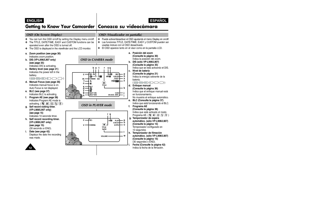 Samsung VP L 900 manual OSD On Screen Display, OSD Visualizador en pantalla, OSD in Player mode, OSD in Camera mode 