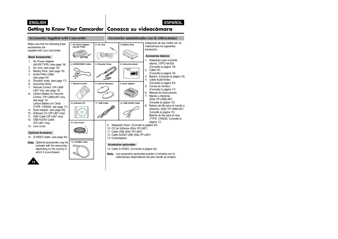 Samsung VP L 900 manual Basic Accessories, Optional Accessory, Accesorios básicos, Accesorios opcionales 