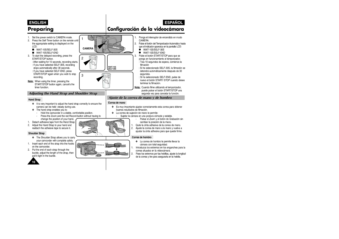 Samsung VP L 900 manual Adjusting the Hand Strap and Shoulder Strap, Ajuste de la correa de mano y de hombro 