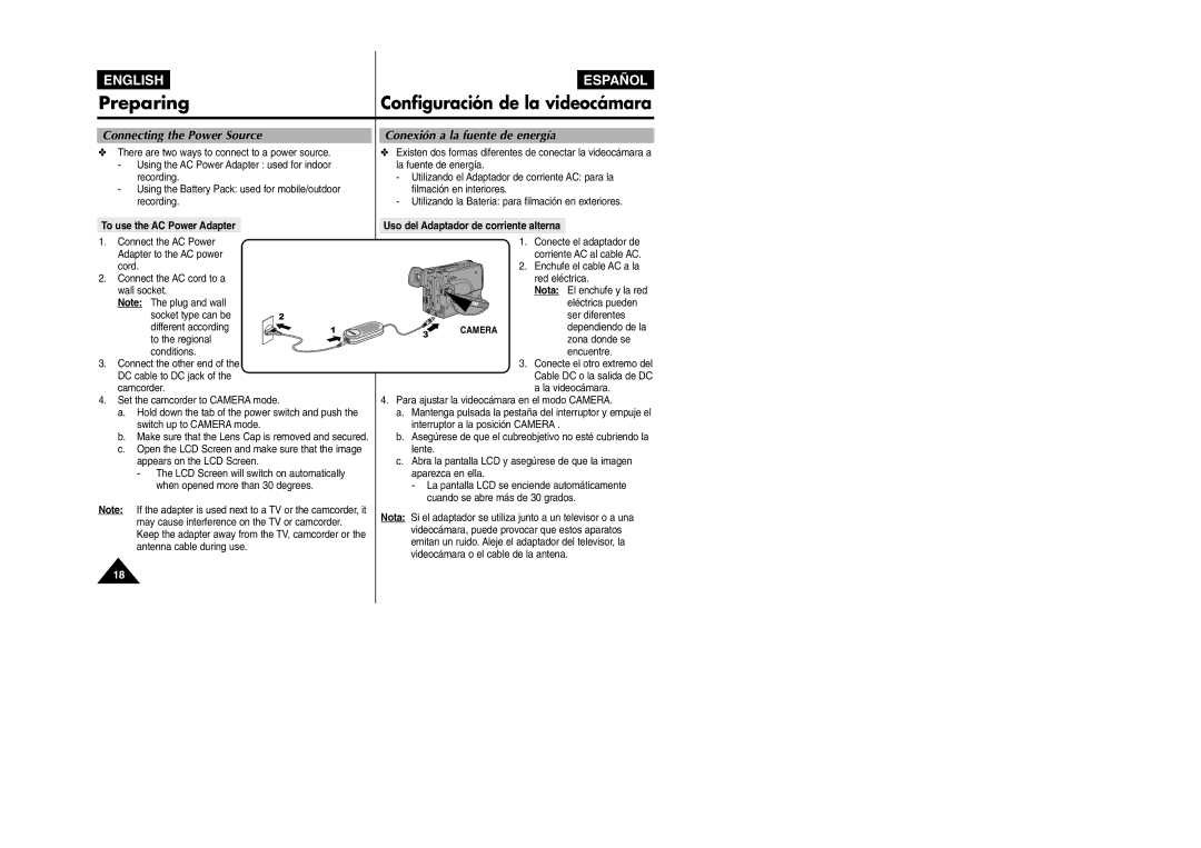 Samsung VP L 900 manual Connecting the Power Source, Conexión a la fuente de energía, To use the AC Power Adapter 