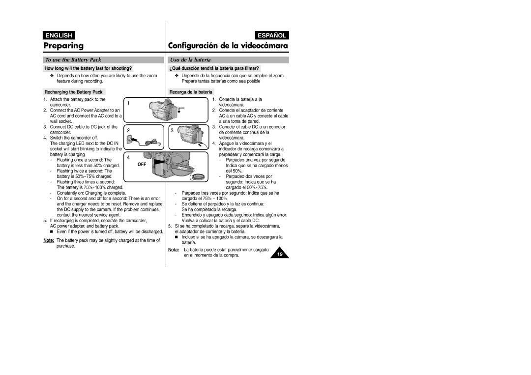 Samsung VP L 900 manual To use the Battery Pack, Uso de la batería, Off 