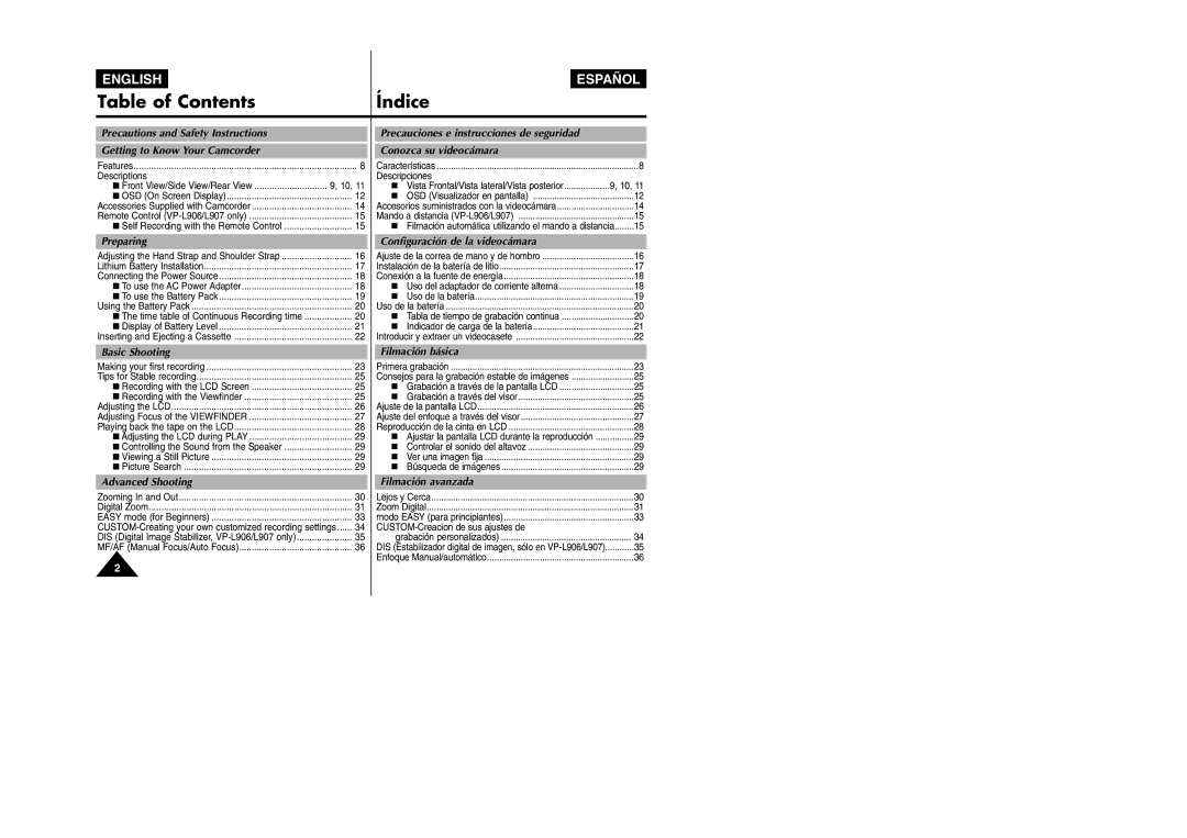 Samsung VP L 900 manual Table of Contents Índice 