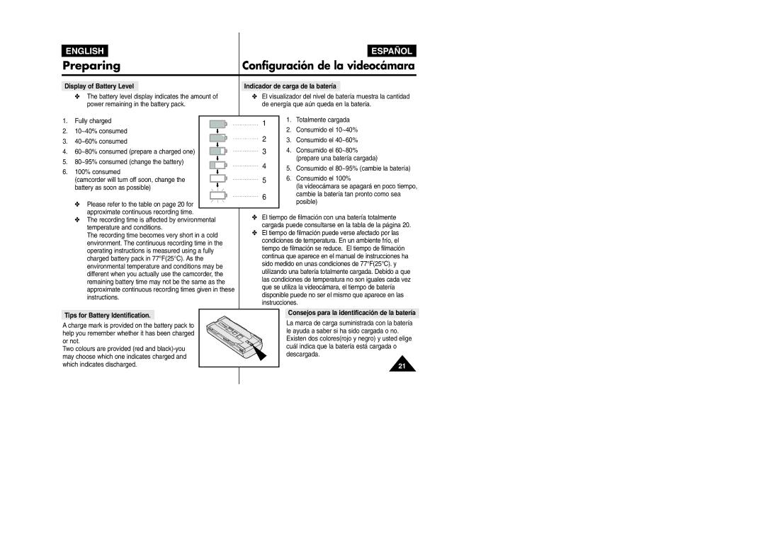 Samsung VP L 900 manual Tips for Battery Identification, Consejos para la identificación de la batería 