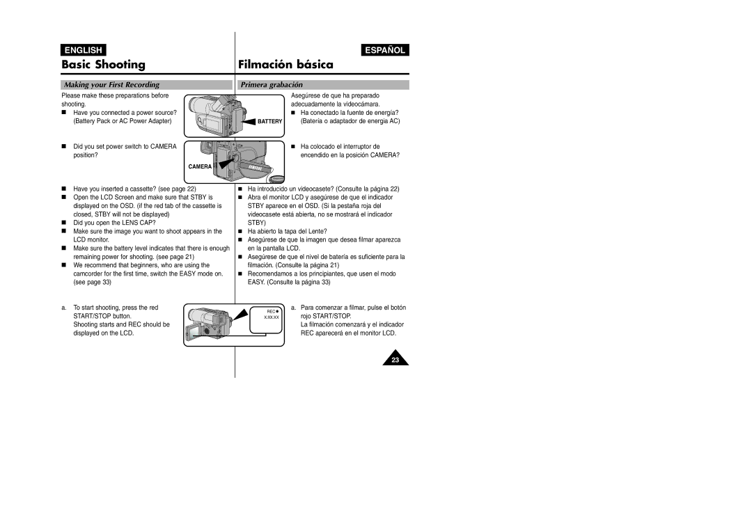 Samsung VP L 900 manual Basic Shooting Filmación básica, Making your First Recording, Primera grabación 